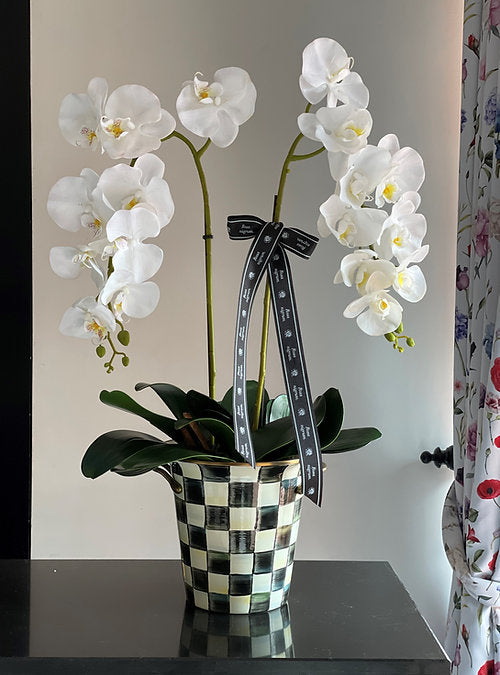 Artificial Orchids in MacKenzie-Childs Courtly Check Enamel Cooler