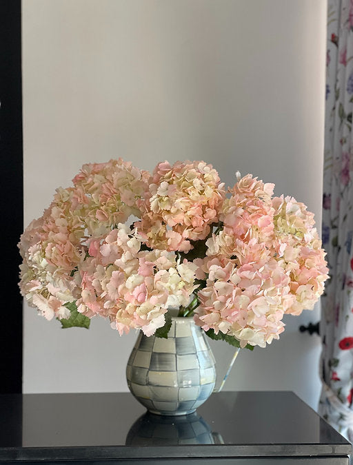 Hydrangeas in MacKenzie-Childs Sterling Check Enamel Pitcher