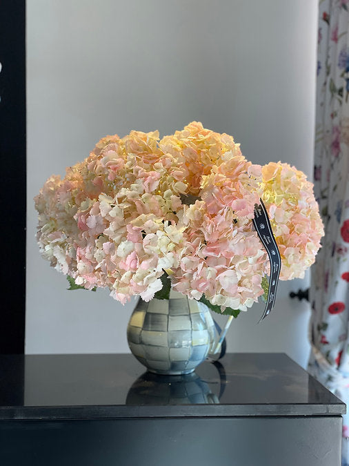 Hydrangeas in MacKenzie-Childs Sterling Check Enamel Pitcher