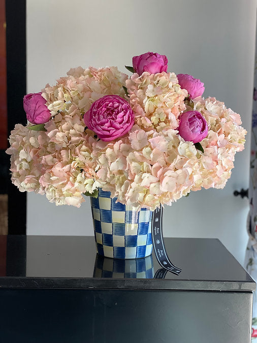 Peonies and Hydrangeas in MacKenzie-Childs Royal Check Cooler