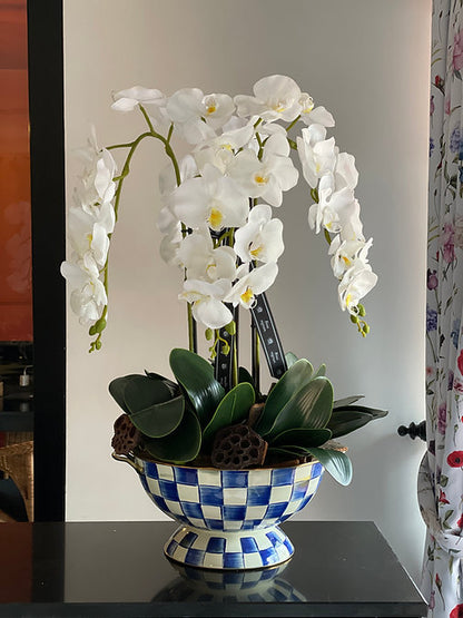 MacKenzie-Childs Artificial Orchids in Royal Check Enamel Everything Bowl