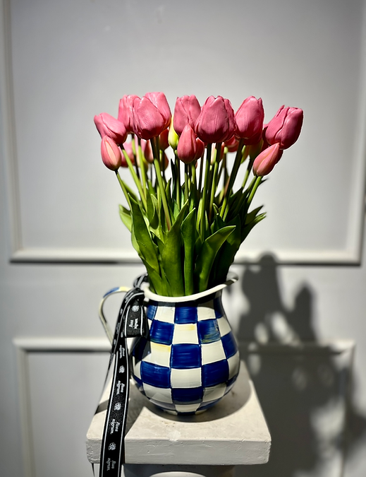 Artificial Tulips in MacKenzie-Childs Royal Check Enamel Pitcher