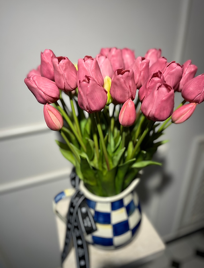 Artificial Tulips in MacKenzie-Childs Royal Check Enamel Pitcher