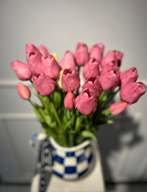 Artificial Tulips in MacKenzie-Childs Royal Check Enamel Pitcher