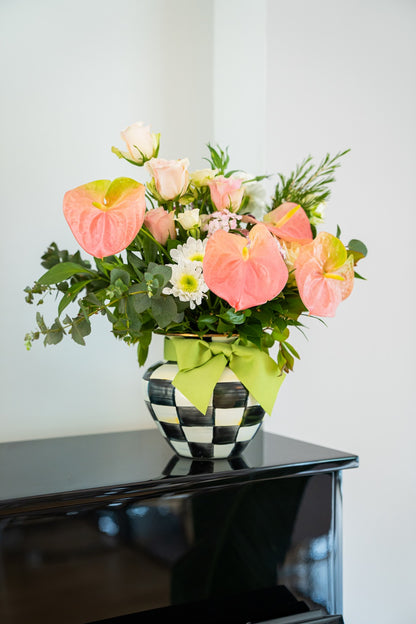 MacKenzie-Childs Courtly Check Large Enamel Green Bow Bouquet in Vase